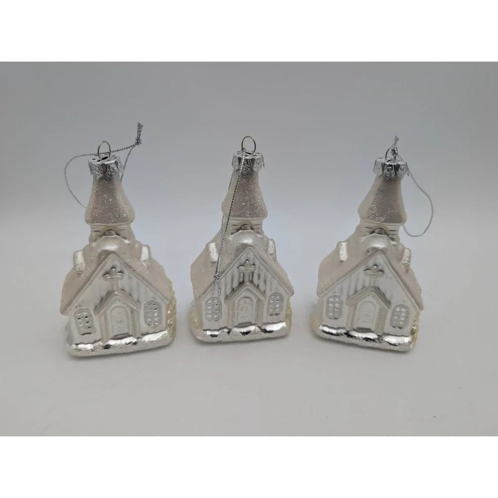 Glass Church Chapel Christmas Ornaments Silver White Lot of 3 4 Inch‎
